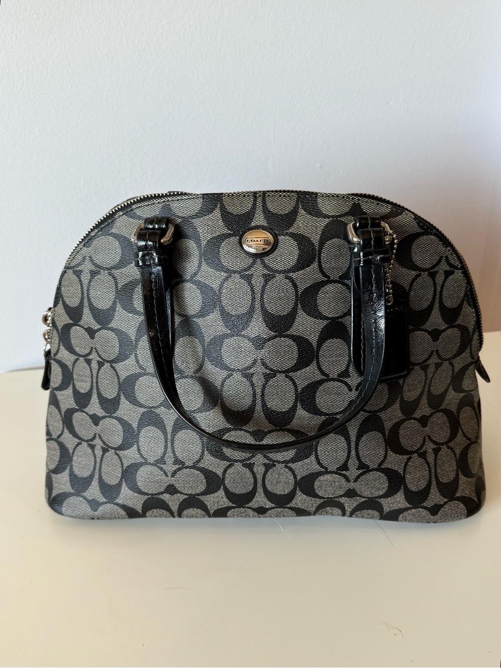 Coach Peyton Black and Tan Signature Satchel with strap